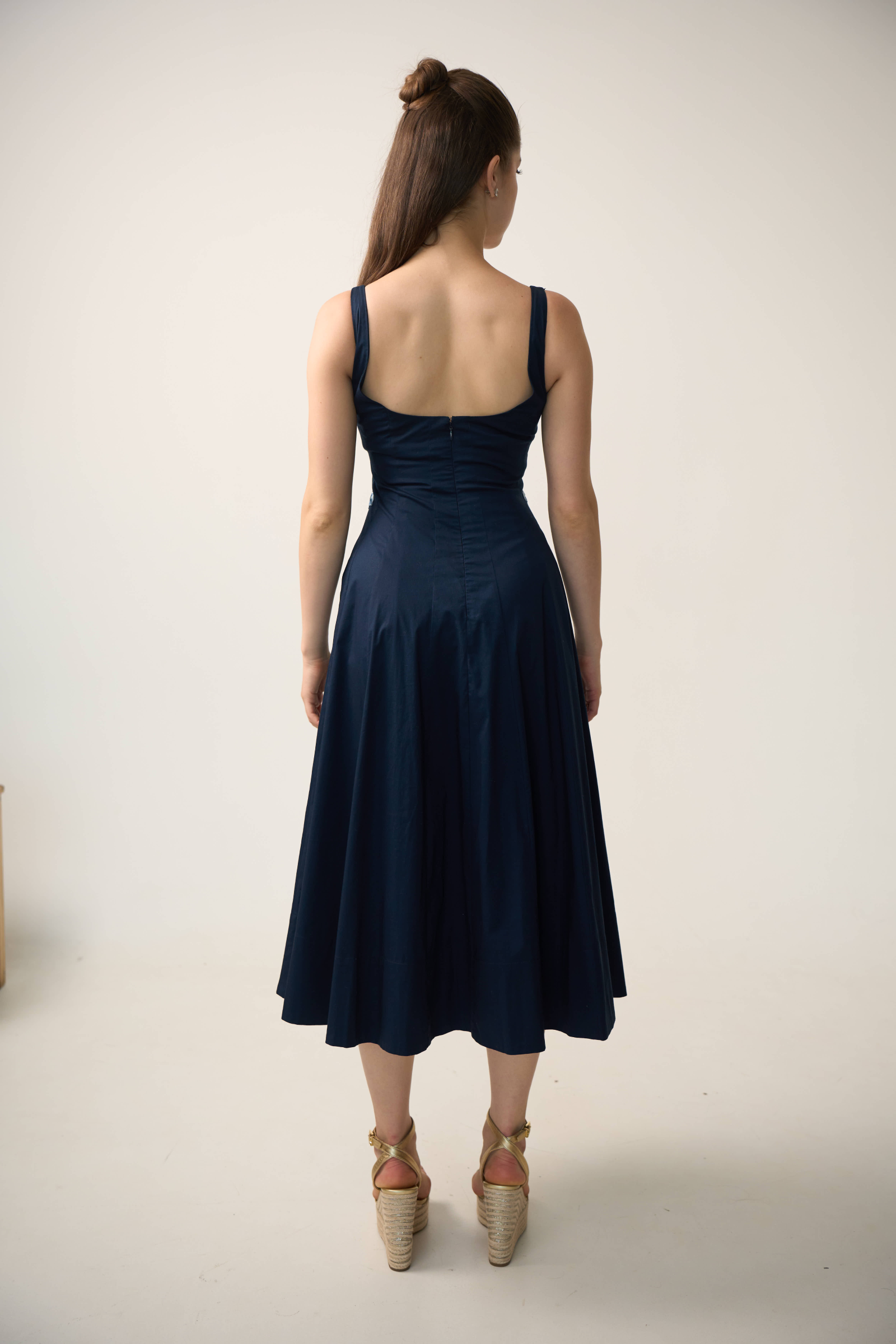 Hydrangea Denim Poplin Dress in Navy Blue