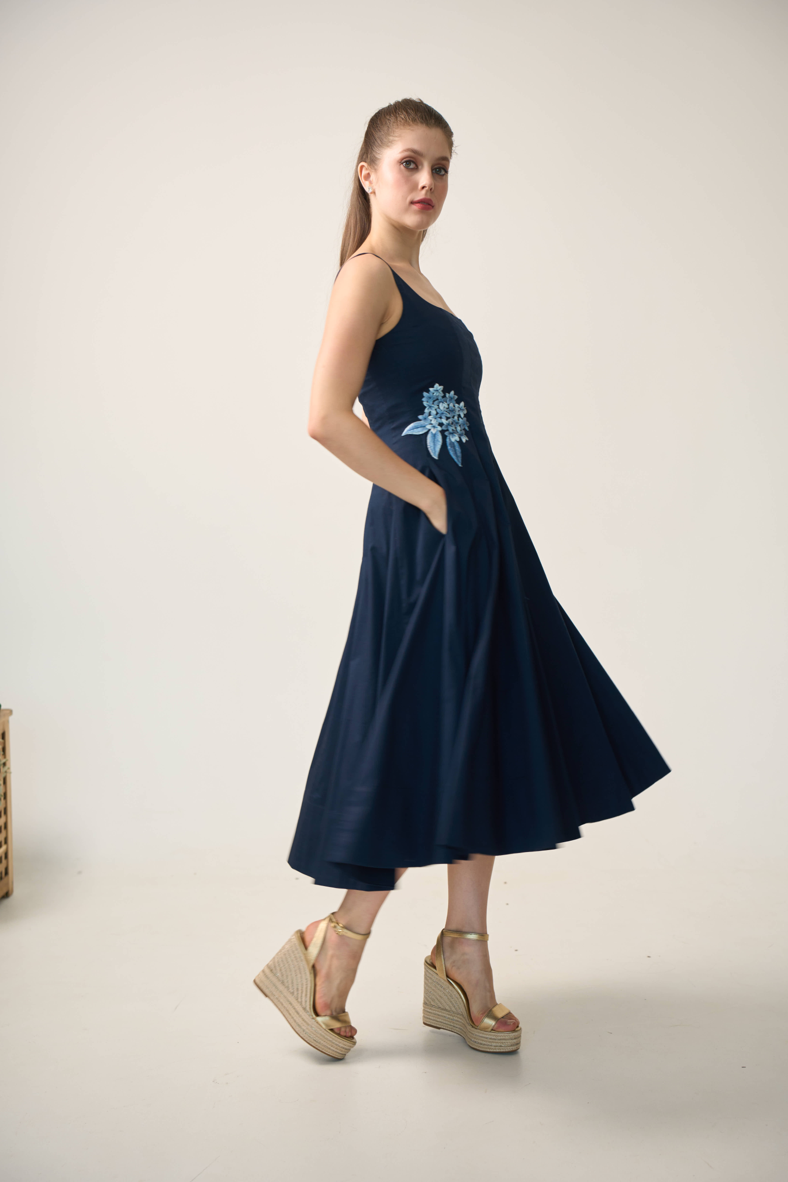 Hydrangea Denim Poplin Dress in Navy Blue