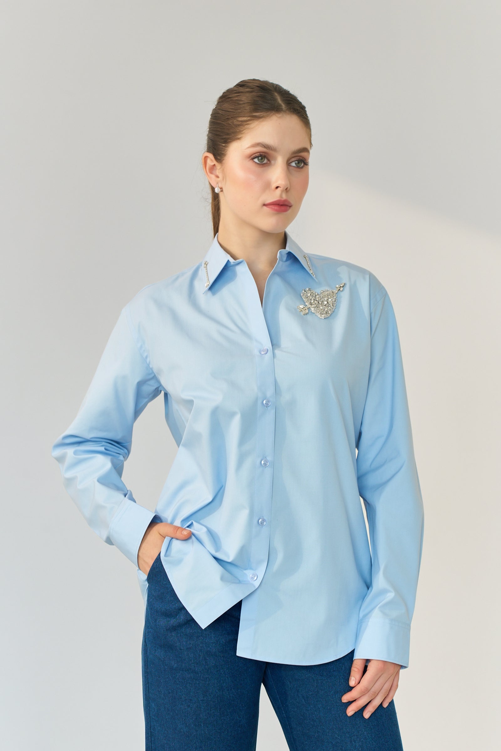 Crystal Heart Poplin Shirt in Sky Blue