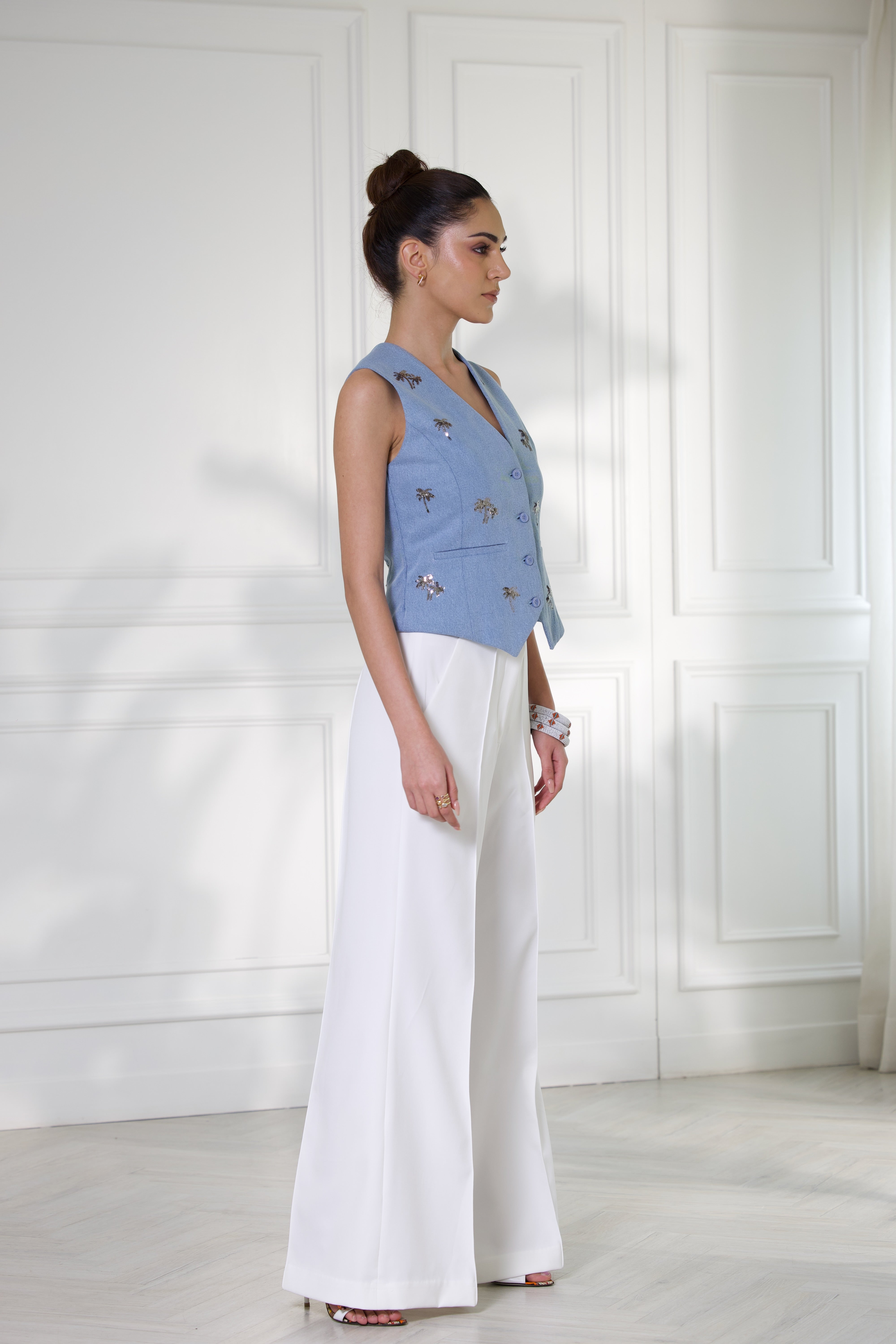 Bombay Denim Vest in Light Blue & Vintage Silver