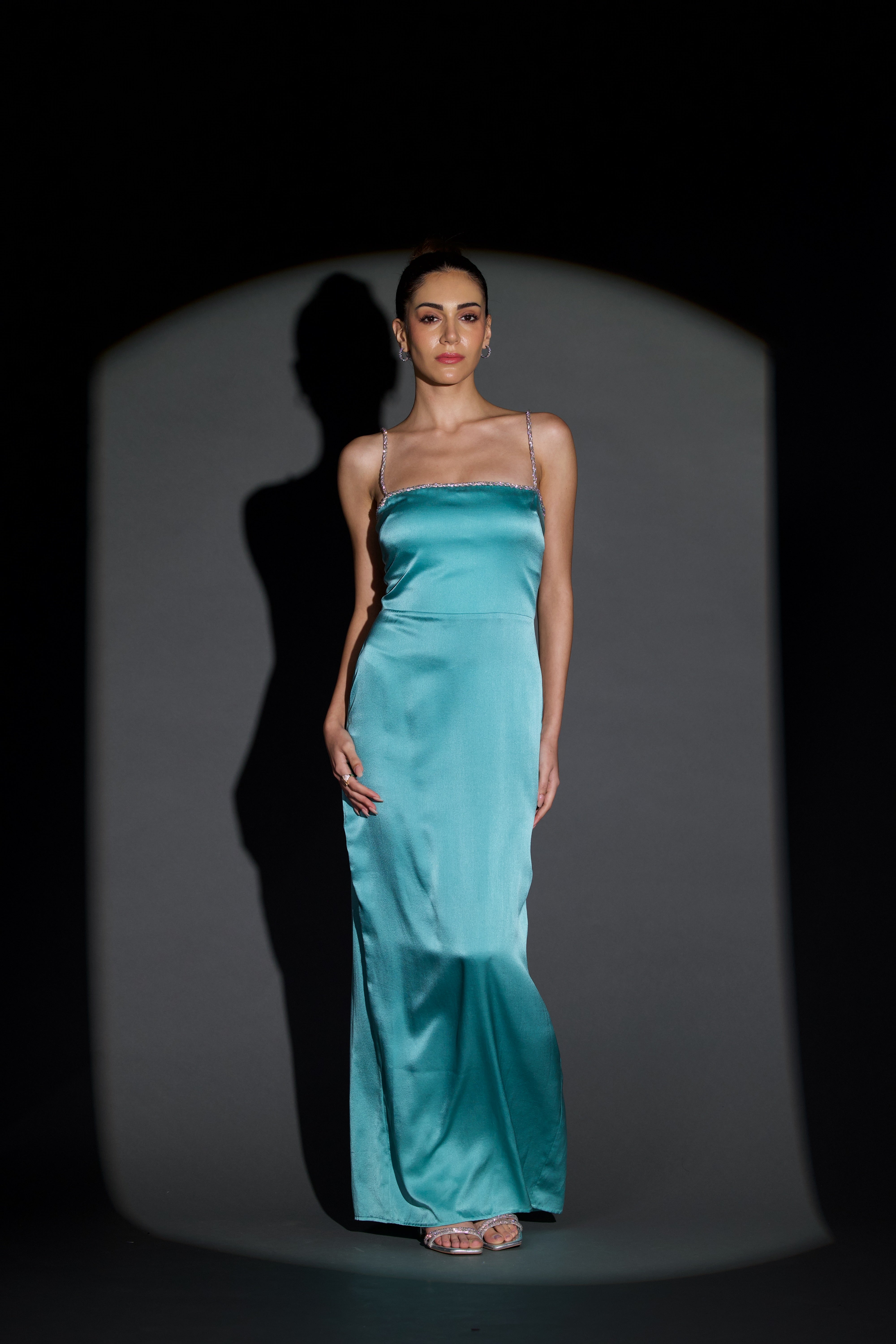 Bella Stretch Satin Dress with Crystals