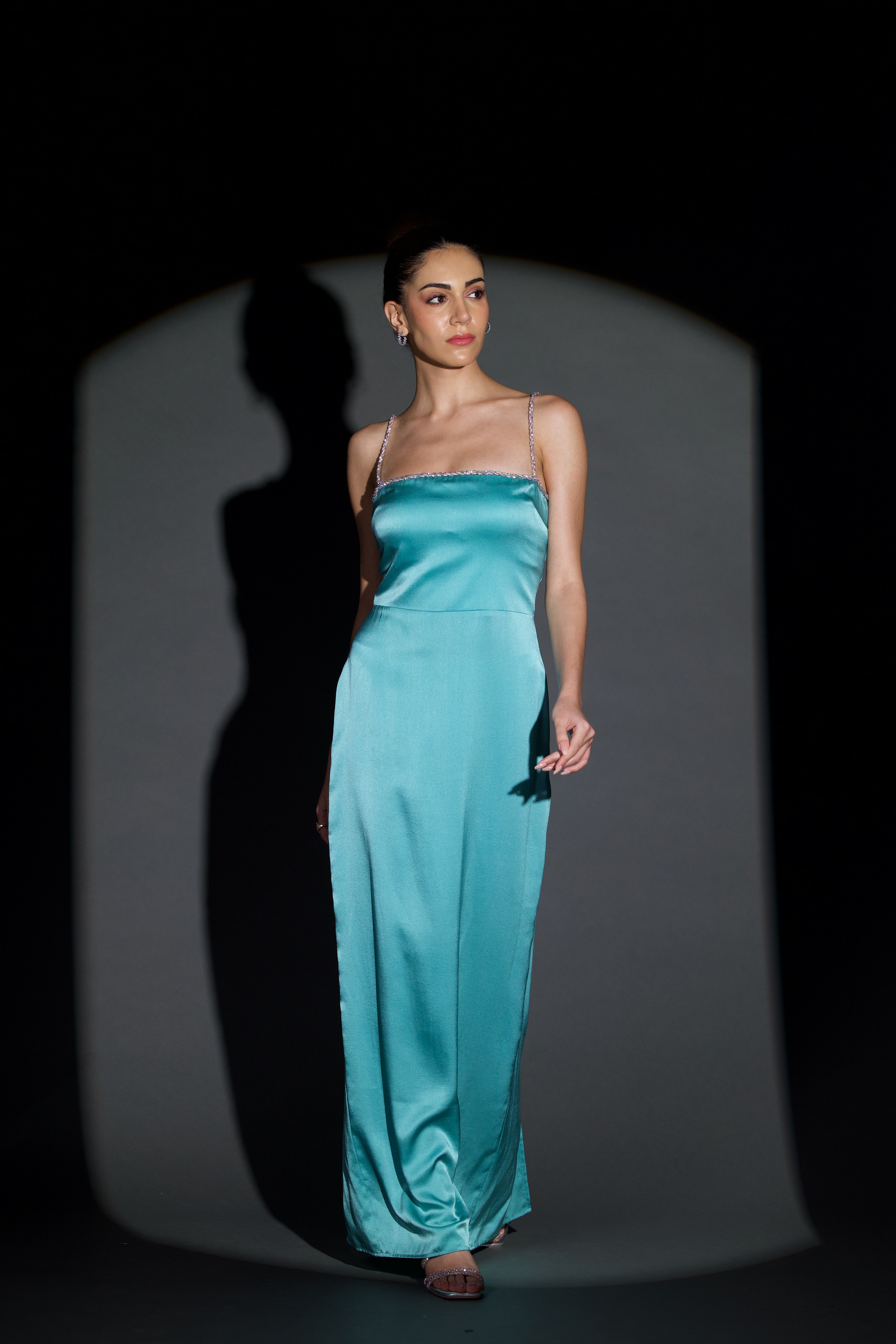 Bella Stretch Satin Dress with Crystals