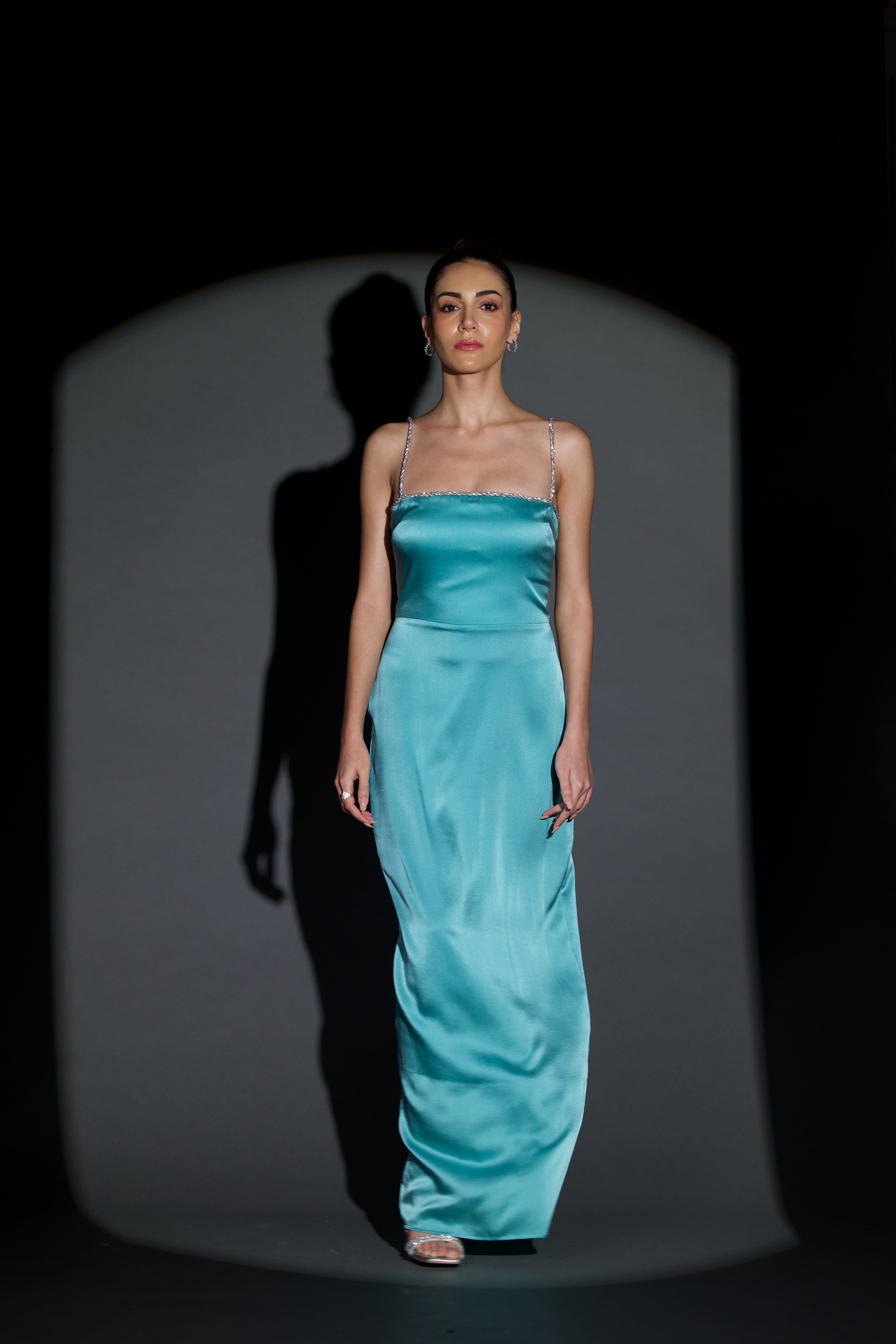 Bella Stretch Satin Dress with Crystals