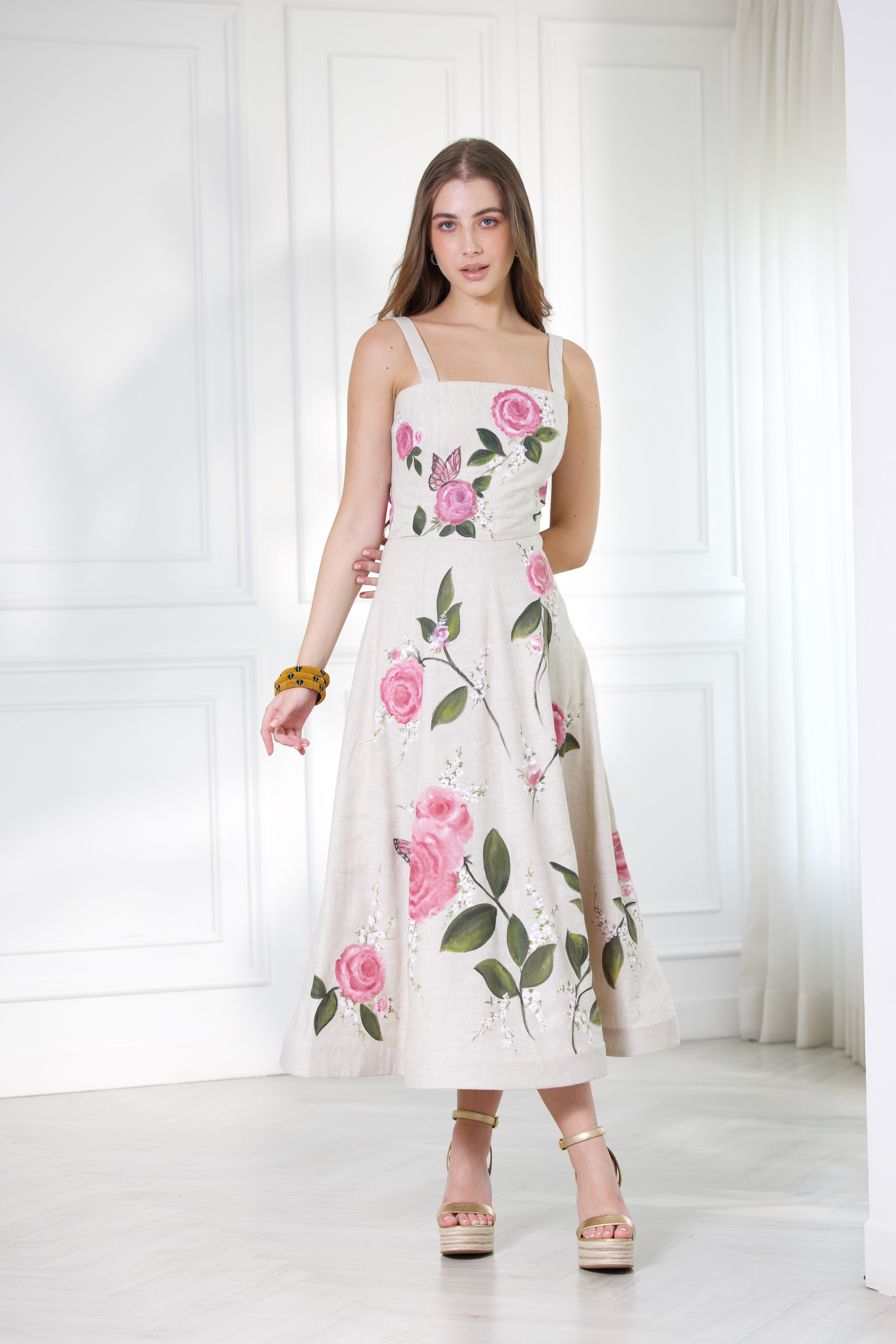 Rosa Hand-Painted Linen Midi Dress