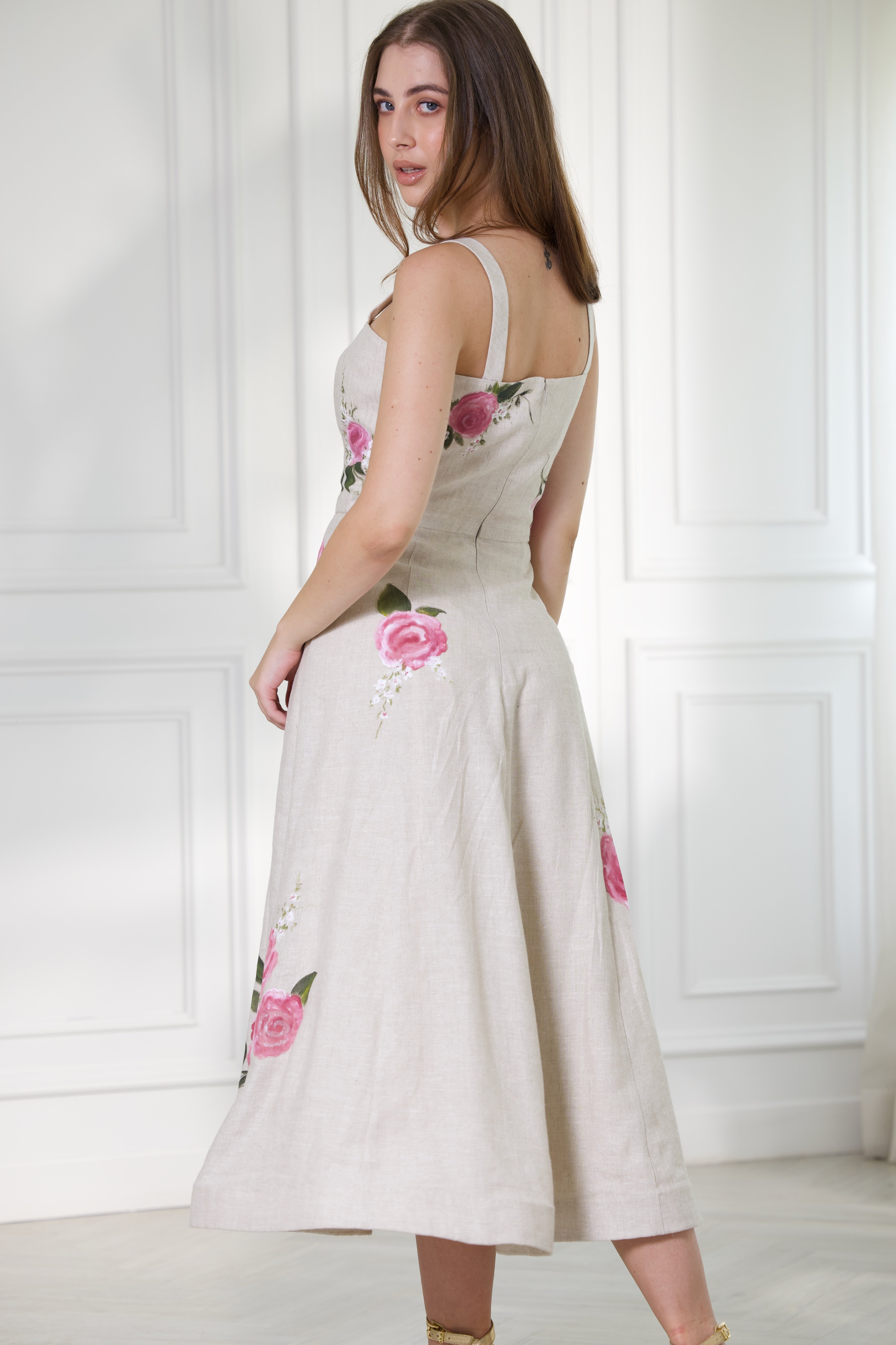 Rosa Hand-Painted Linen Midi Dress