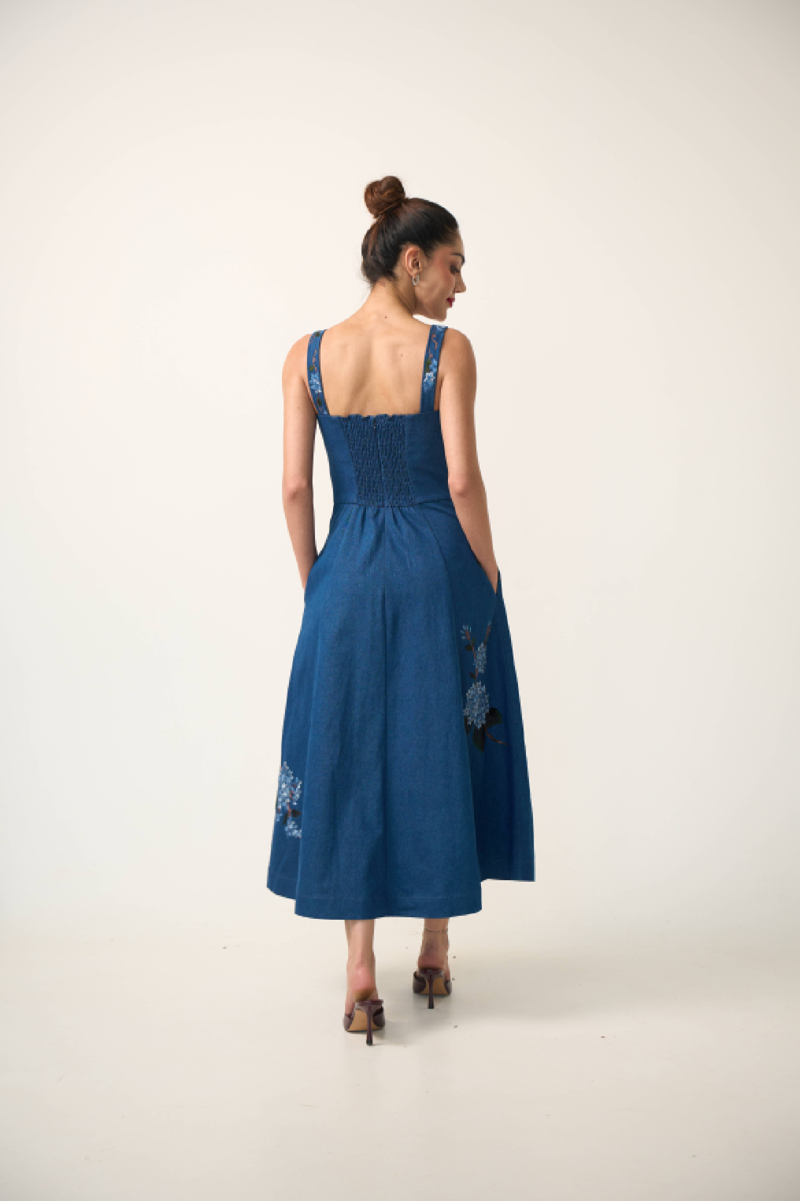 Hydrangea Denim Midi Dress in Blue