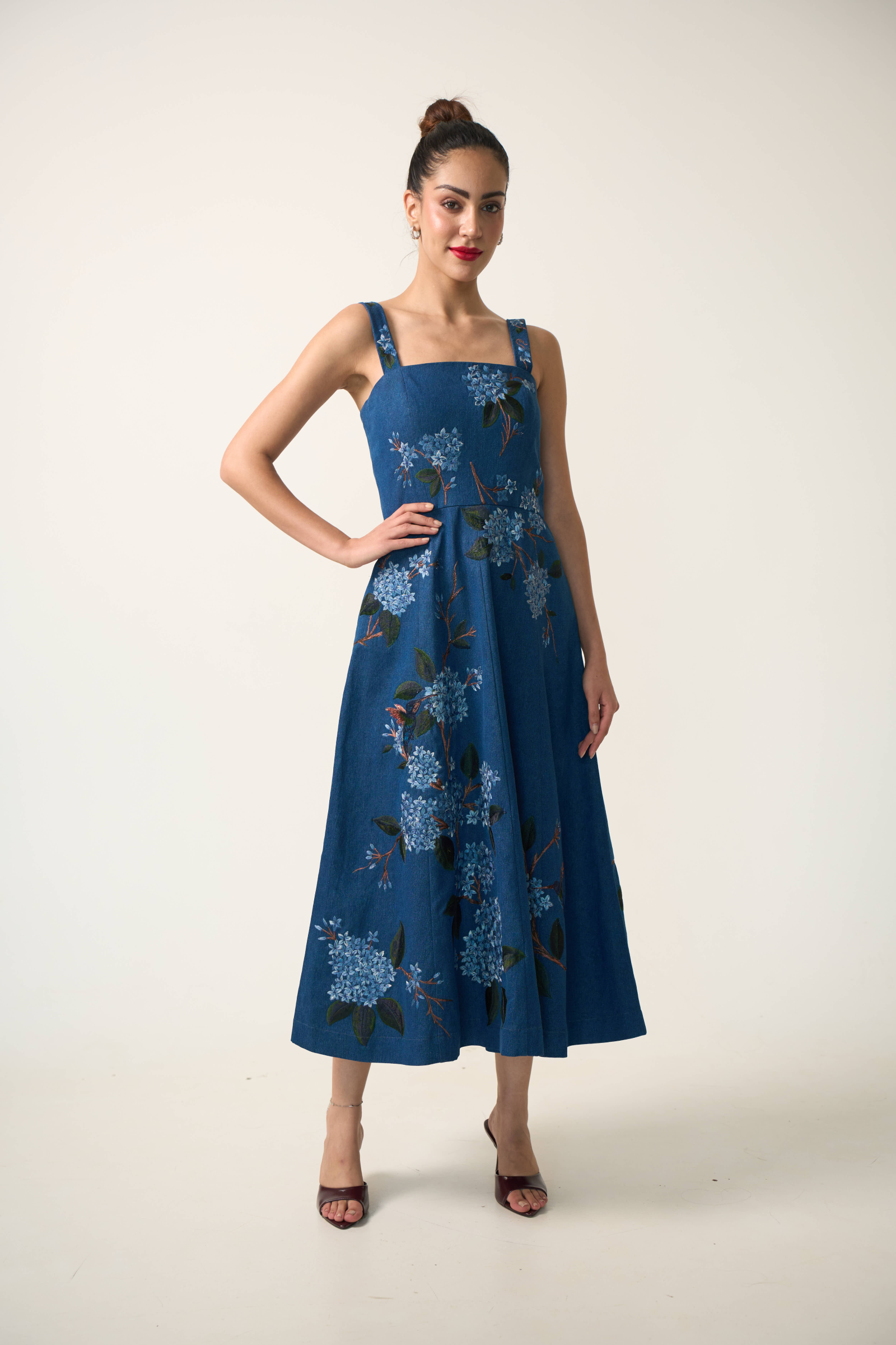 Hydrangea Denim Midi Dress in Blue