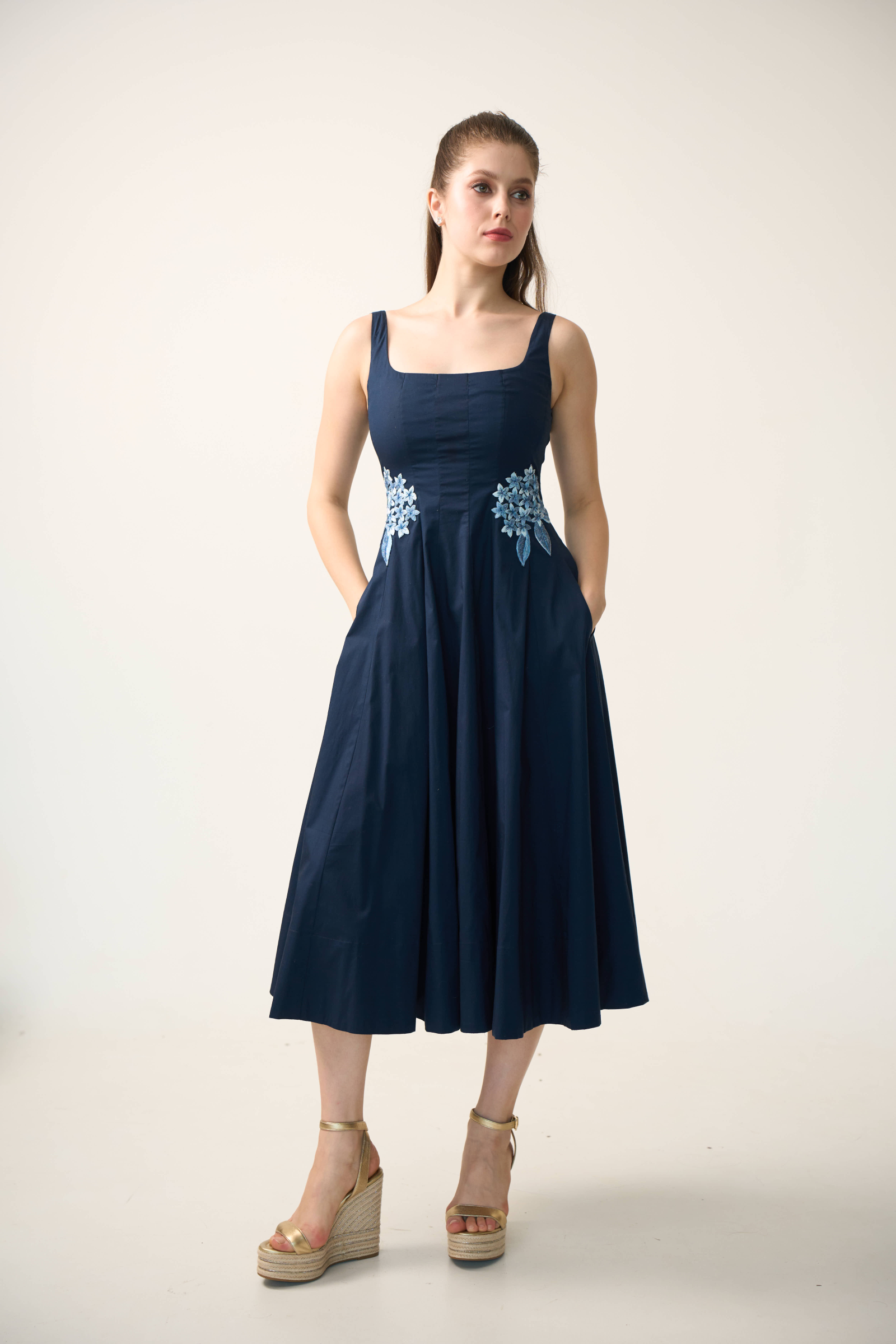 Hydrangea Denim Poplin Dress in Navy Blue
