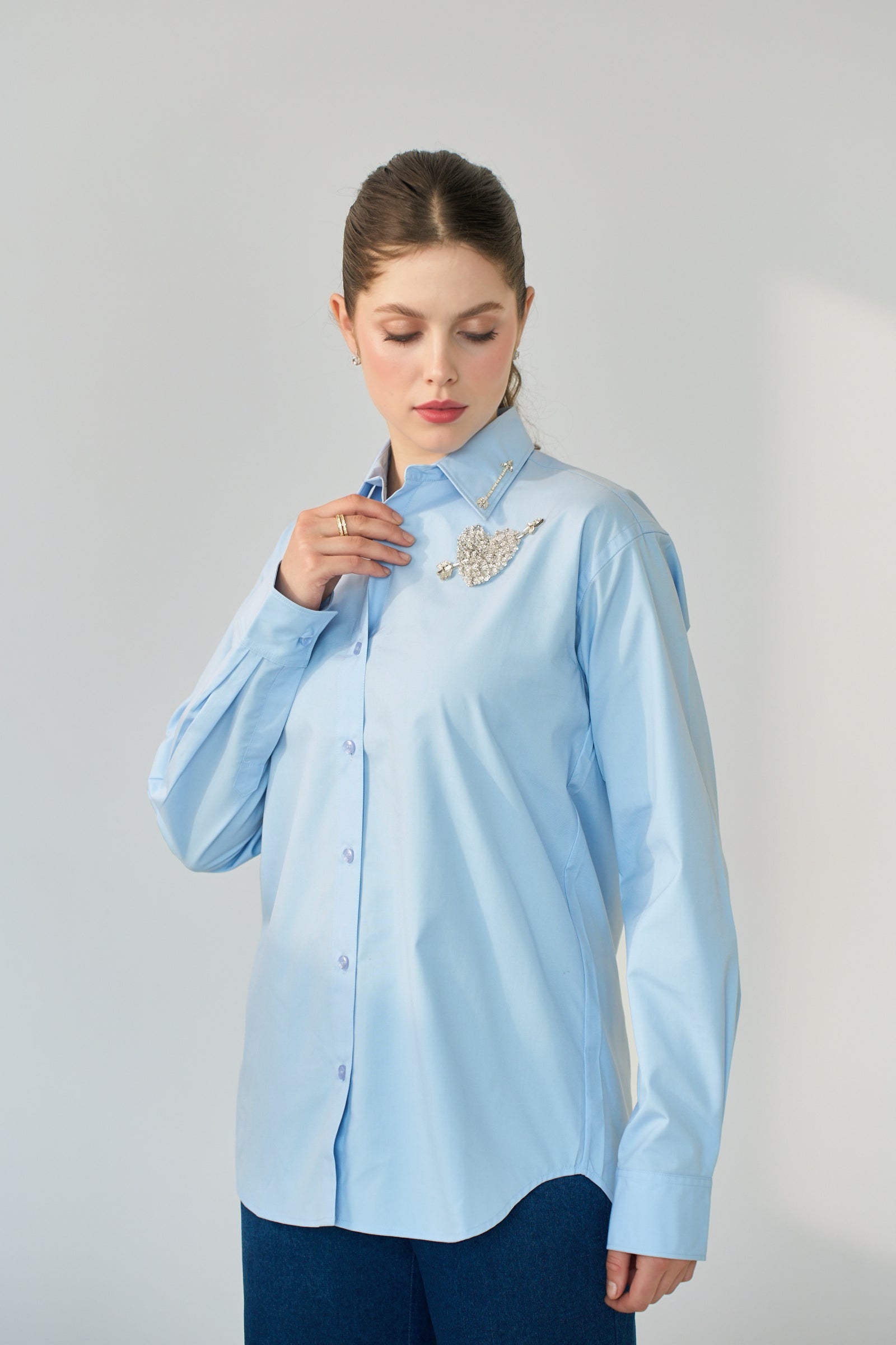 Crystal Heart Poplin Shirt in Sky Blue