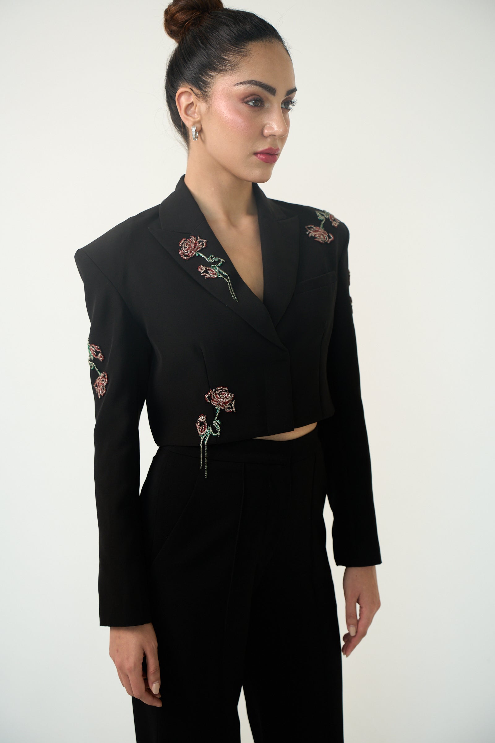 Falling Roses Crop Jacket in Black