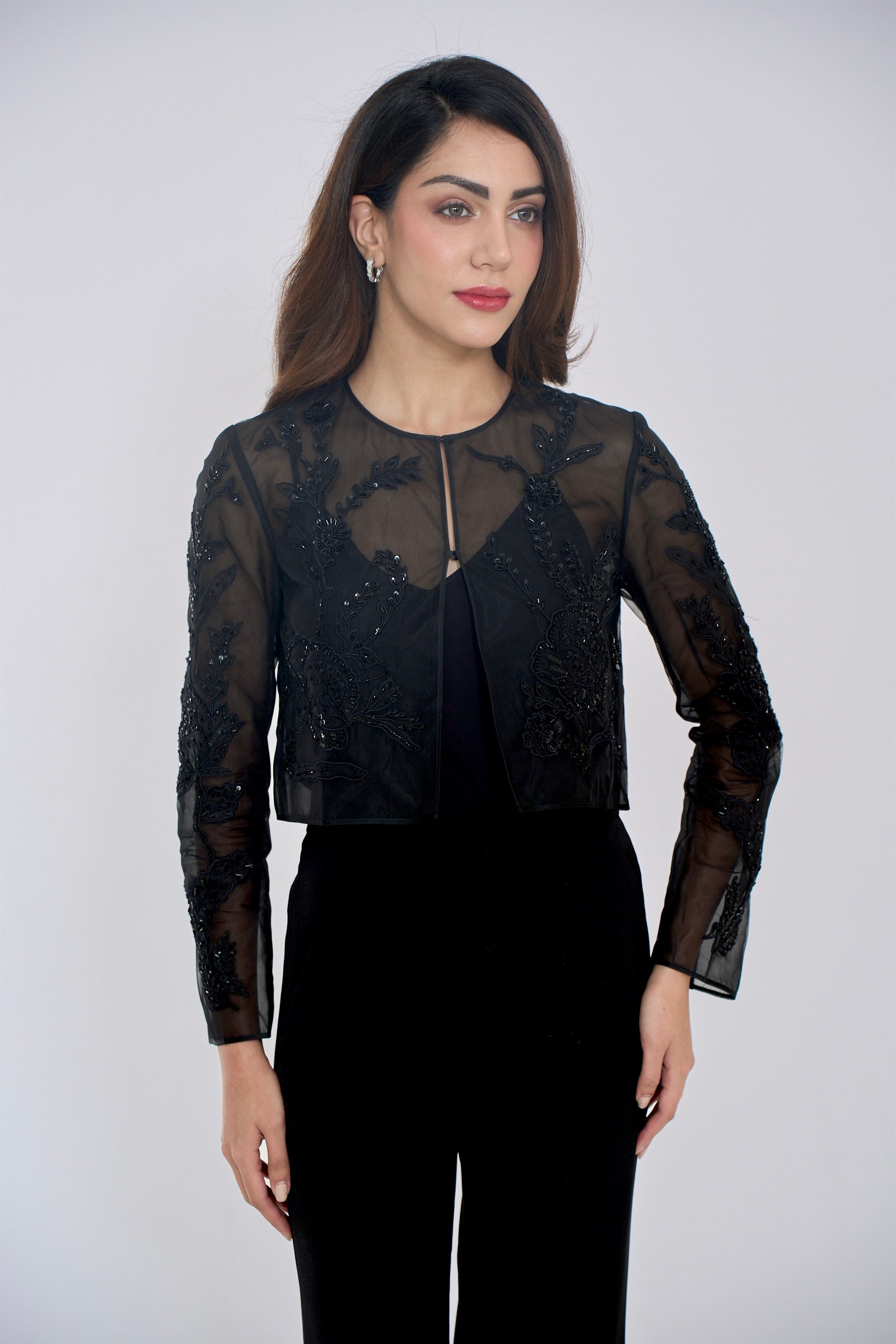 Black Embroidered Floral Bolero Jacket