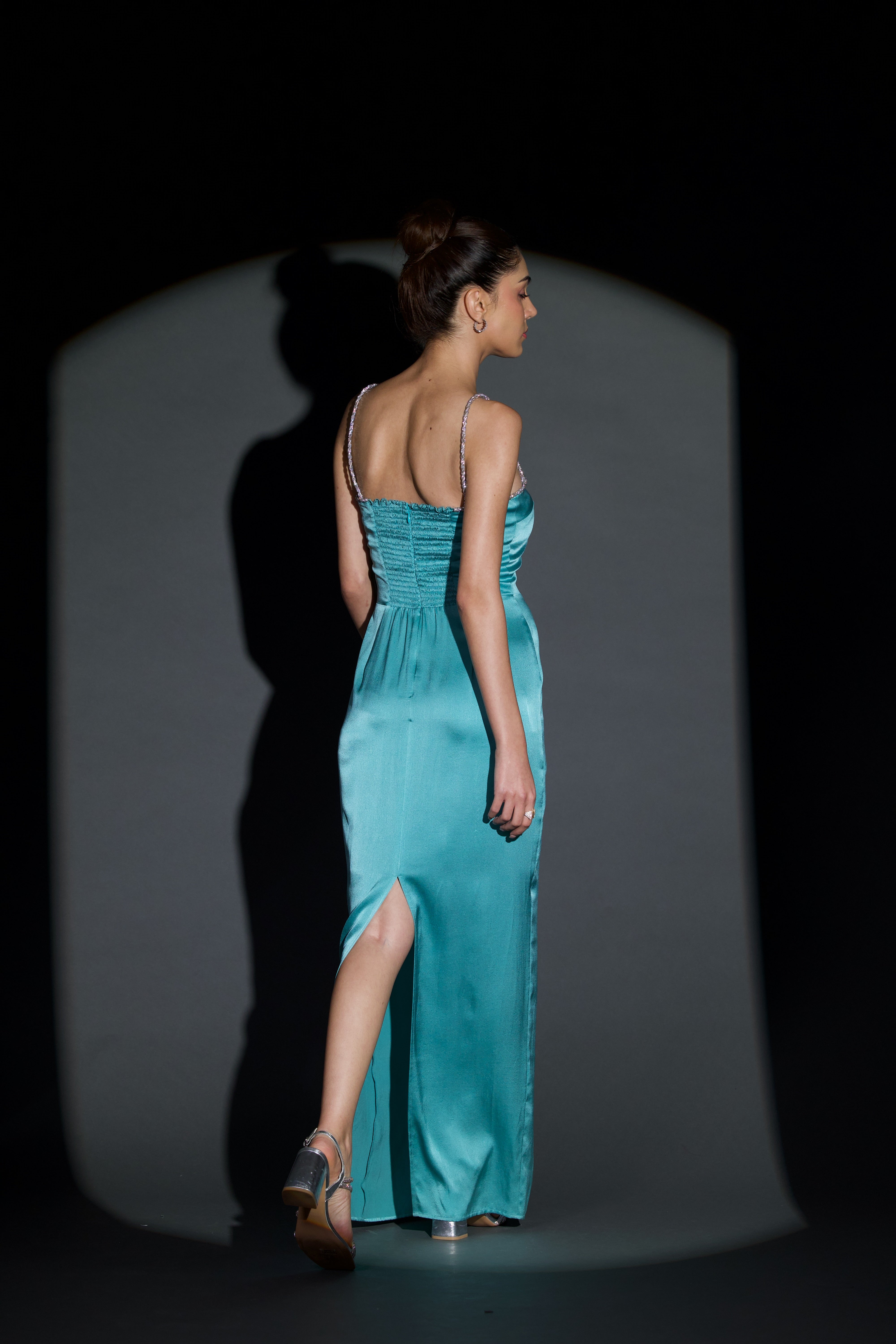 Bella Stretch Satin Dress with Crystals