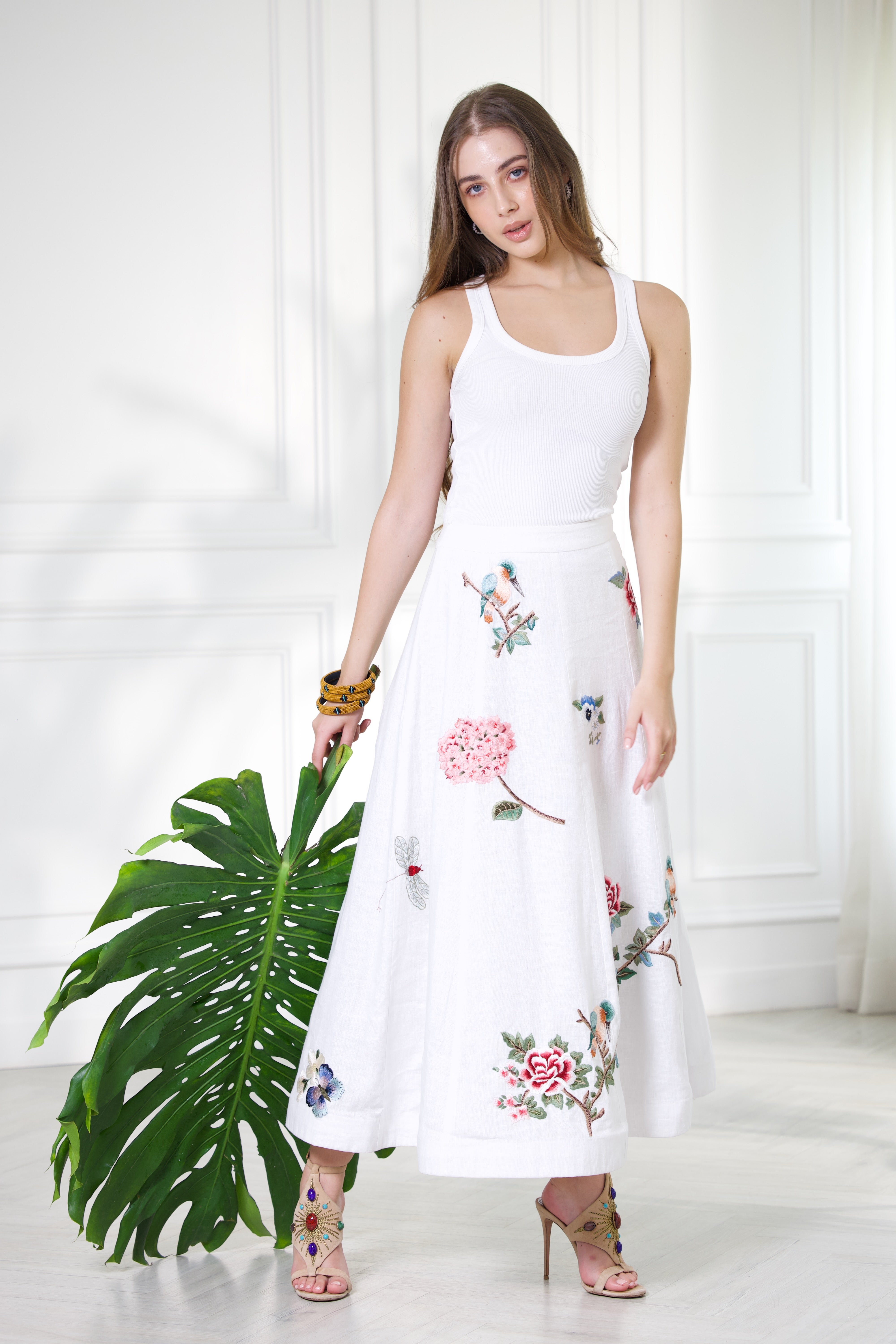 Gardenia Linen Umbrella Skirt in White