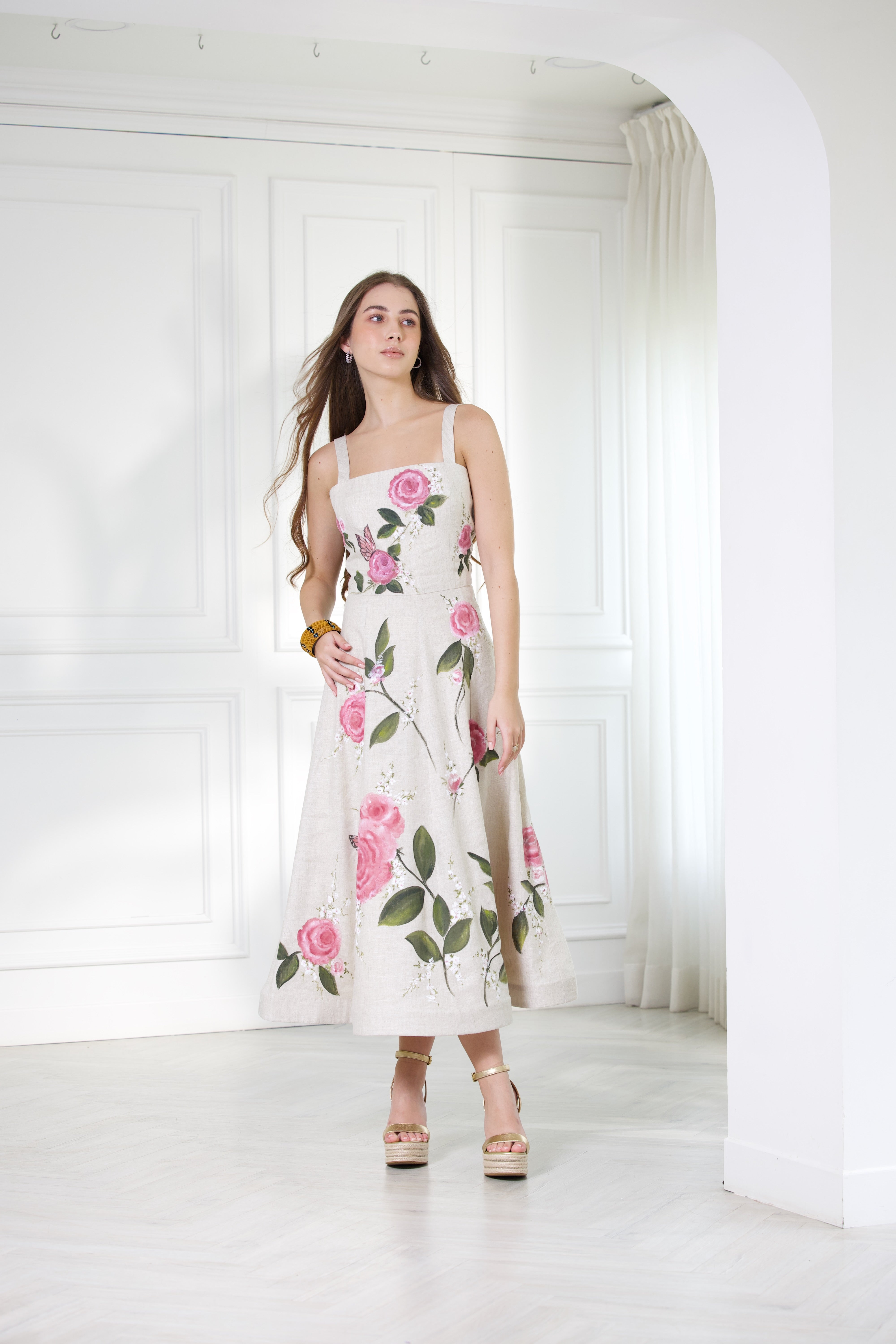 Rosa Hand-Painted Linen Midi Dress