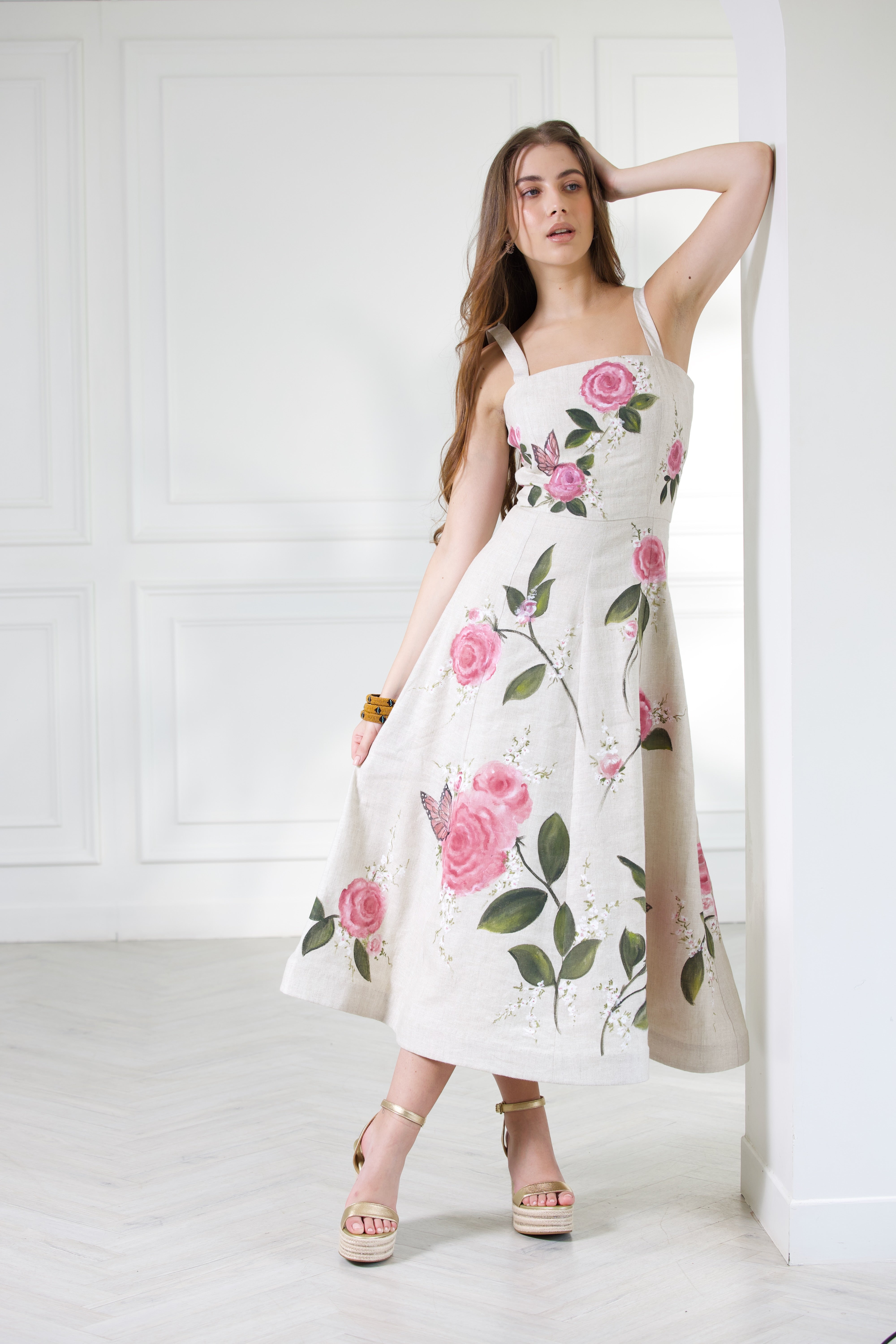 Rosa Hand-Painted Linen Midi Dress